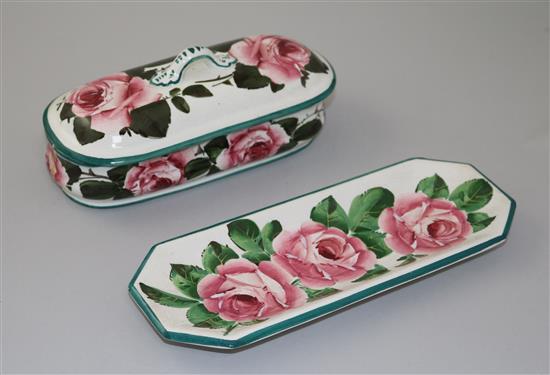 A Wemyss cabbage rose pattern pen box and cover and a similar tray, early 20th century, 20.5cm and 24.5cm, repair to box